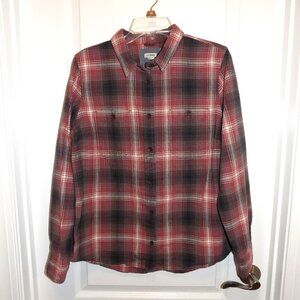 LL BEAN Shirt Womens Medium Pink Plaid Heavy Flannel Buttondown Shirt Olv Green